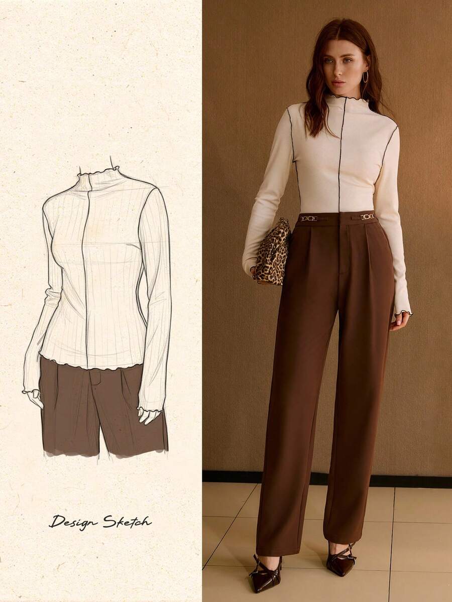 MOTF PREMIUM 女士秋冬高领修身时尚撞色拼接设计T恤 - 杏色 - 查看 2