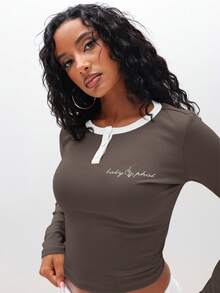 BABYPHAT Ribbed Henley Long Sleeve Top With Contrast White Trim And Button Placket For Casual Everyday Wear - Mocha Brown - View 6