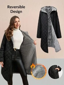 SHEIN Clasi Áo khoác nữ cỡ lớn Curve Plus Size màu đen phối xám đậm, lót lông dày dặn, tay dài, có mũ, kiểu dáng thường ngày, chần bông, giữ ấm tốt, thoải mái và ấm áp, mẫu mới 2025, mùa đông cho nữ, phong cách cổ điển, đi chơi, mùa thu, áo khoác dáng dài, mùa đông cho nữ, cỡ lớn mùa thu, công sở cho nữ, mùa thu cho nữ, sang trọng cho nữ, mùa thu cho nữ, trang phục Halloween, áo khoác mùa đông Halloween cho nữ. - màu đen - Xem 8
