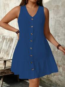 SHEIN PETITE Plus Size Sleeveless V-Neck Textured Fabric Dress - Royal Blue - View 5