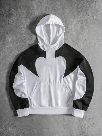 Herren Kontrast-Farbe Langarm Tasche Lässig Hoodie, Loose Fit