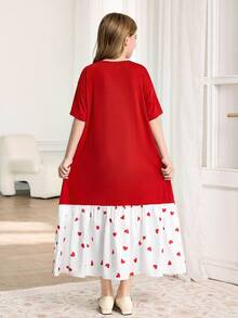 Girls' Heart Print Patchwork Print Dress - Red - View 2