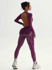 Dewbera 女士条纹露背长袖连体裤，适合日常健身和锻炼 - 紫色 - 查看 4