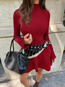 Aloruh 优雅红色立领喇叭袖针织连衣裙，秋冬 - 紅色 - 查看 6