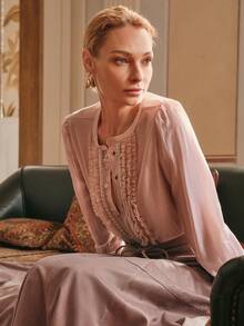 Anewsta Elaire Women's Sheer Chiffon Ruffle Collar Sexy Long Sleeve Blouse, "Old Money"