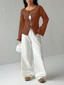 Jeanoix Women's Casual Raglan Sleeve Single-Breasted Knitted Cardigan, Autumn/Winter - Brown - View 4