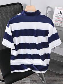 Mirajuku 1件青少年Polo衫，新款夏季休闲Polo衫，藏蓝色和白色宽条纹鹿刺绣，宽松短袖，翻领，适合日常穿着和通勤，新款预售 - 藍白色 - 查看 2