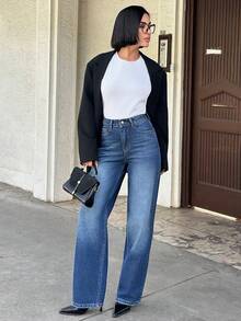 SHEIN Cottnline Jeans de pierna ancha de mezclilla de lavado medio 100% algodón para mujer - Azul lavado medio - Ver 5