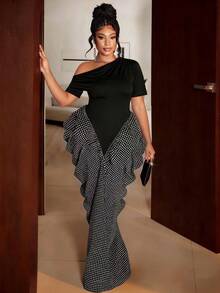 Maweii Robe à manches asymétriques froncées avec imprimé à carreaux et ceinture à la taille, convient pour les fêtes, Halloween, Thanksgiving, Noël, printemps/été/automne/hiver, mode, élégante, décontractée, bureau, rendez-vous - Noir - Voir 3