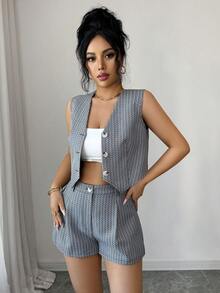 EMERY ROSE 女士休闲V领无袖上衣和短裤两件套 - 黑與白 - 查看 6