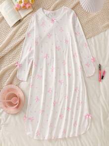 Tween Girls Pajamas-Nightgown Bow Print Pink Long Sleeve V Neck Knee Length Nightdress Ruffled Hem Elastic Cuffs Comfortable Lightweight Four Season Holiday 2026 Must Have Gift Lounge Princess Style Easy Care Machine Washable Adjustable Fit - White - View 6