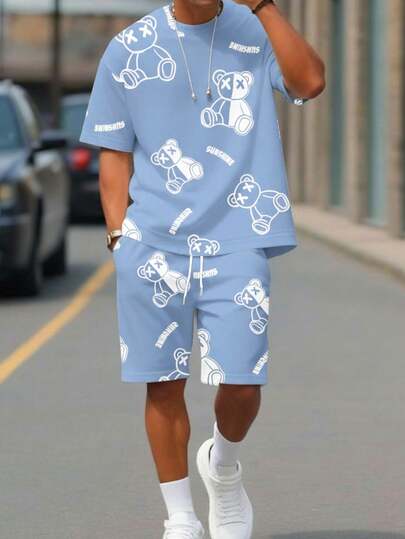 Manfinity Homme Men's Cartoon Bear Print Round Neck Short Sleeve Casual T-Shirt And Drawstring Waist Shorts Set