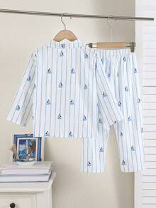 Young Boys Pajamas-2 Piece Pajama Set Spring To Summer White Blue Stripes Sailboat Print Long Sleeve Button Front Collar Top Long Pants Elastic Waist Cozy Sleepwear Four Seasons 2026 Holiday Essential Classic Nautical Stylish Casual Home Bedtime Gift - Multicolor - View 2