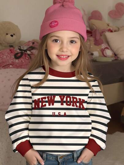 Toddler Girls/Little Girls Casual Striped & "New York" Graphic Colorblock Loose Fit Crew Neck Comfortable Knit Long Sleeve Sweatshirt, Suitable For Back To School, Collegiate Style, Autumn/Winter 4y Clothes Girl Full Sleve 4 Year Girl Top Toddler Girl T-Shirt New York Outfits Kids Long Sleeve Kids Girls