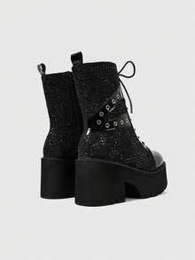 Sugerpunk Women's Glossy Thick Sole Punk Style Lace-Up Chunky Heel Ankle Boots For Christmas - Black - View 5