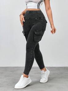 SHEIN FlexDen Women's Casual Washed High Waist Slim Fit Cargo Jeans - Black - View 6