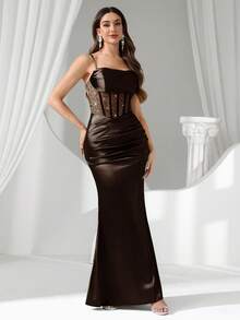 Coutiva Women's Rhinestone Embellished Sheer Black Long Evening Gown - Brown - View 3
