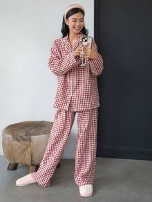 DAZY 青少年/少女（女童）休闲格子家居服套装，宽松舒适卡通图案直筒裤，秋季款 - 紅白色 - 查看 4