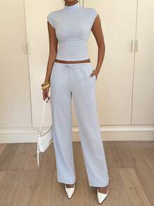 Siren Gaze Summer Outfits For Women Women's Striped Mandarin Collar Ruched Blouse And Pants Casual 2 Pieces Set - Blue - View 4