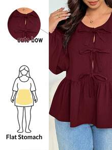 SHEIN Essnce 大码女装秋冬时尚休闲舒适日常质感面料修身黑色蝴蝶结长袖衬衫，女式衬衫，秋季，外出上衣，工作上衣，母女装 - 酒紅色 - 查看 1