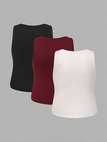 SHEIN Essnce 大码女装春夏时尚休闲高弹舒适日常百搭方领多色吊带背心3件装，春季服装，打底衫，外出上衣，简约风格 - 彩色 - 查看 2