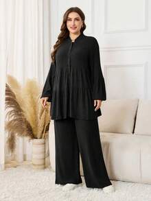 Lacomfia Bộ 2 món áo dài tay trơn màu tối giản cho nữ cỡ lớn và quần dài - màu đen - Xem 3