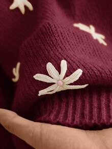 CosyJoli Áo len chui đầu dáng rộng cổ vuông thêu hoa phong cách du lịch thường ngày cỡ lớn cho nữ, mùa thu/đông - Màu Đỏ Sâu - Xem 7