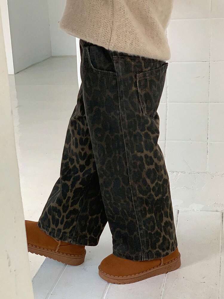 Toddler Boys' Casual Washed Denim Leopard Print Streetwear
