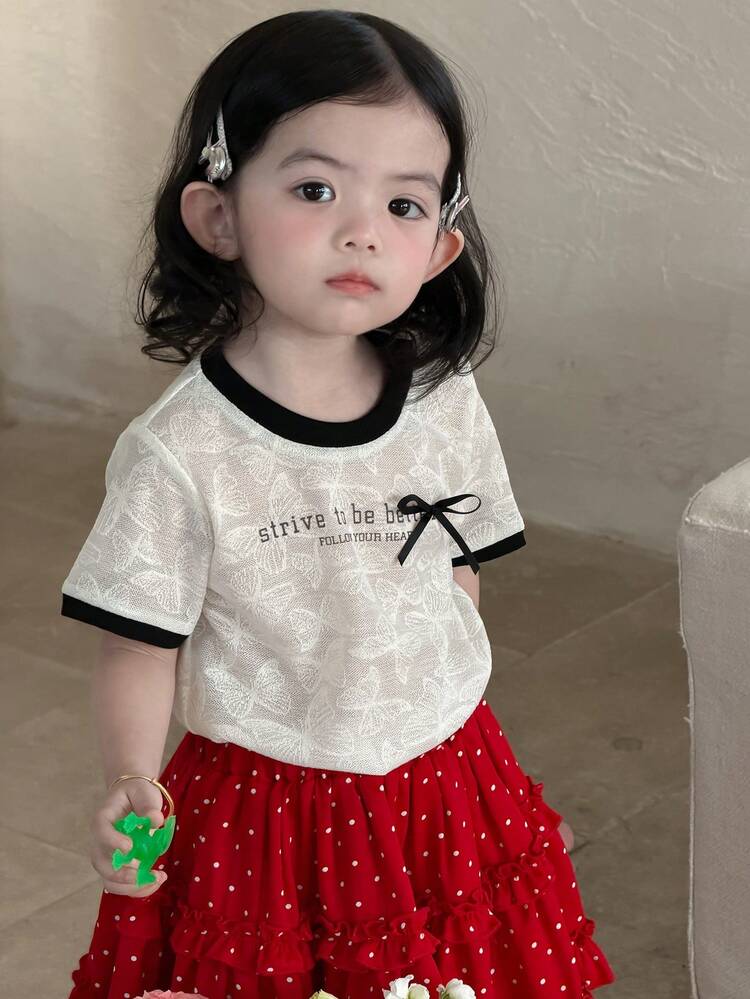 Baby Girls' Round Neck Textured Korean Style Bow Tie Strap Short Sleeve Top Summer Toddler Girls Clothes