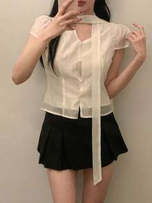 DAZY 女士系带短袖衬衫，春秋季 - 杏色 - 查看 7