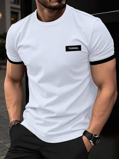 Manfinity Homme T-shirt décontracté polyvalent à col rond et manches courtes avec imprimé lettres pour hommes