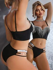 MidnightGlam 3pcs ,Comfortable & Glamorous Silver Ribbon Women's Thong Panties,Hollow Out Rhinestone Strappy Lingerie For Valentine's Day,Wedding,Black,Summer - Multicolor - View 5