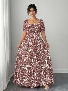 Elenzga 大码女式方领泡泡袖露背修身长裙，休闲度假风，优雅时尚，适合春夏穿着 - 棕色 - 查看 5