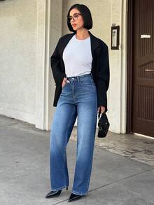 SHEIN Cottnline Jeans de pierna ancha de mezclilla de lavado medio 100% algodón para mujer - Azul lavado medio - Ver 4