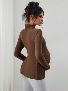 Momance Maternity Solid Color Long Sleeve T-Shirt With Asymmetrical Twist Hollow Design - Brown - View 2