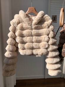 SHEIN EZwear 女式卡其色蓬松连帽短款人造毛皮夹克，秋冬时尚 - 卡其色 - 查看 8