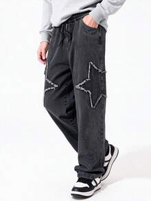 Oversized Straight Leg Jeans For Tween Boys, Casual Street Style, Black Washed Denim With Star Embroidery Design, Elastic Waistband And Drawstring For Comfort, Versatile Fashion Item For Daily Wear, Casual Outings, School, And Weekend Streetwear - Black - View 3