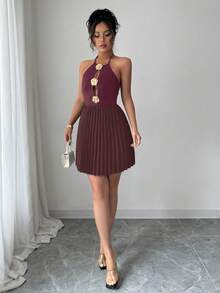 Elenzga 女士吊带系带金属花朵装饰褶皱优雅腰身派对迷你连衣裙 - 中紫紅色 - 查看 4