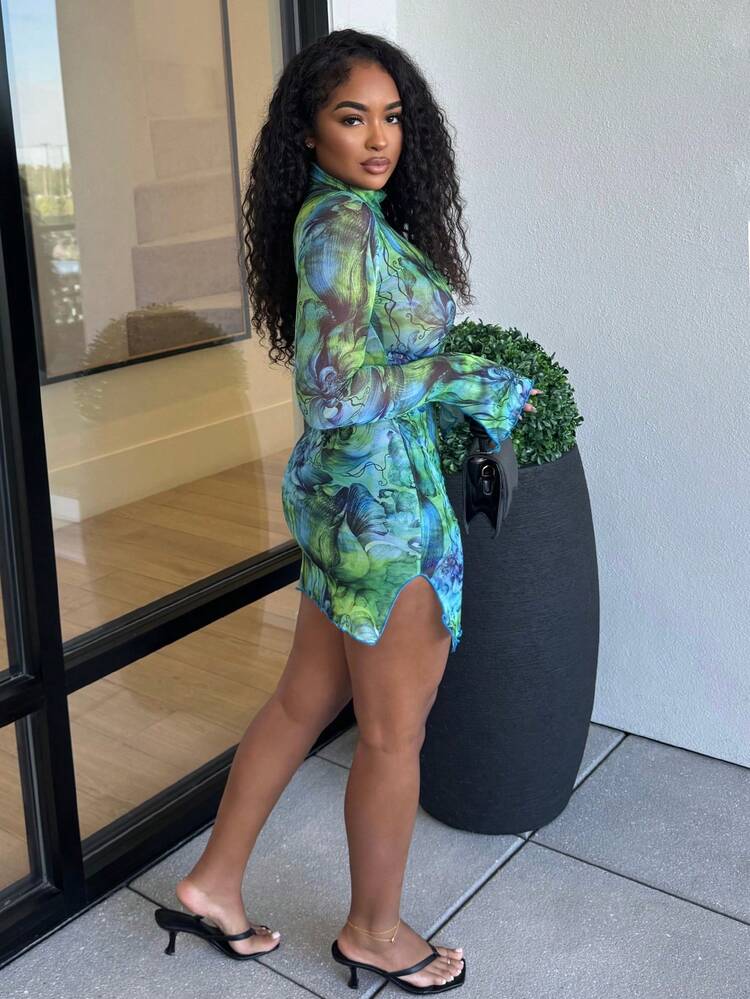 Alexandranx Spring And Summer Floral Print See-Through Stand-Up Collar Mesh Slit Hip-Covering Long-Sleeved Dress - Multicolor - View 6