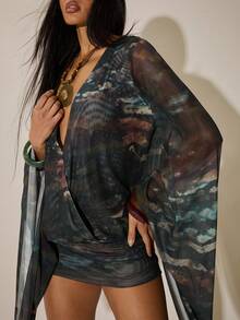 SHEIN BAE Tie Dye Zebra Print Mesh Dress, Suitable For Beach, Music Festival, Rave Party, Spring/Summer - Brown - View 1