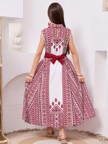 Tween Girl Casual Vacation Spring/Summer Print Contrast Color Belt Patchwork A-Line Sleeveless Dress, Red - Red - View 2