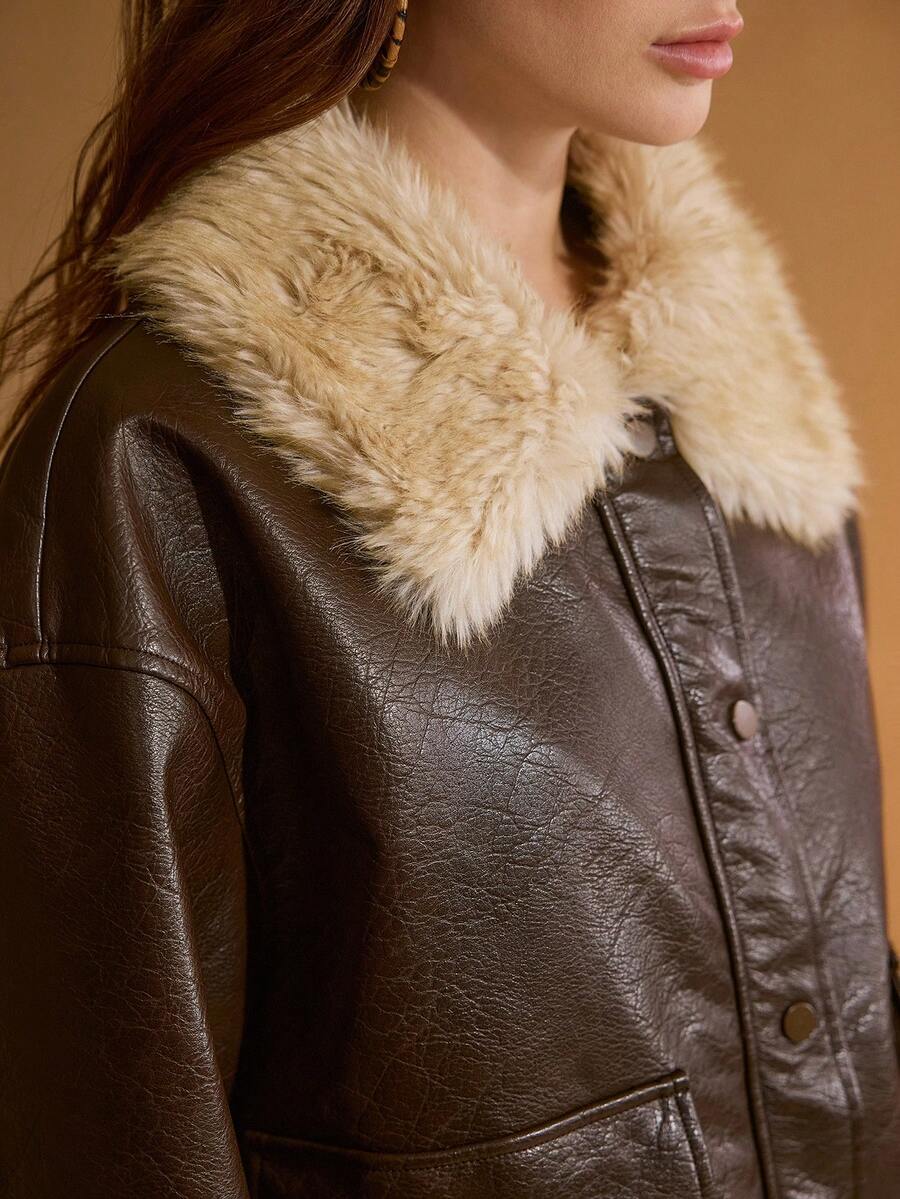MOTF PREMIUM WOMEN'S AUTUMN/WINTER PU FAUX LEATHER LOOSE FIT CONTRAST FURRY COLLAR JACKET - Coffee Brown - View 2