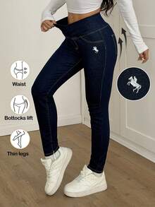 SHEIN PETITE 秋冬季女士休闲水洗刺绣弹力低腰修身牛仔裤 - 深色水洗藍 - 查看 1