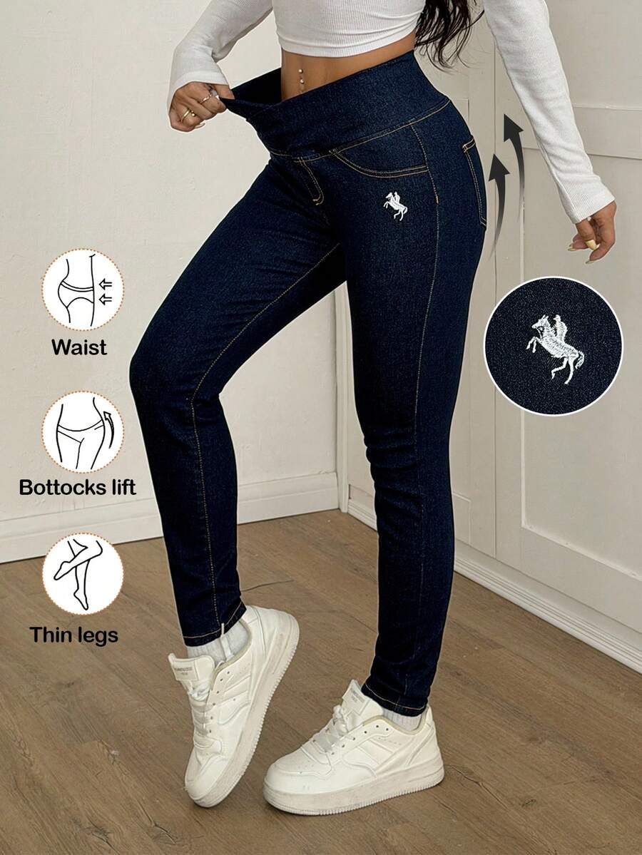 SHEIN PETITE 秋冬季女士休闲水洗刺绣弹力低腰修身牛仔裤 - 深色水洗藍 - 查看 1