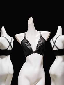 SHEIN Elacene Damen Einfarbiger Spitzen-Patchwork Transparenter Vorderverschluss BH - Schwarz - Übersicht 1