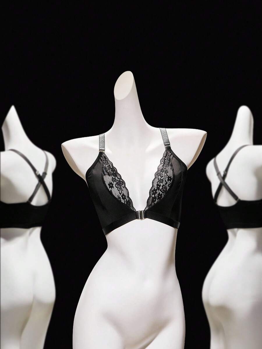 SHEIN Elacene Damen Einfarbiger Spitzen-Patchwork Transparenter Vorderverschluss BH - Schwarz - Übersicht 1