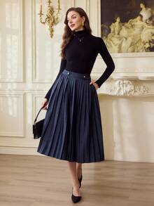 Vintamour Vintage Elegant Women Pleated Button Pocket Casual Skirt Work Holiday Vacation Winter For Women Christmas For Women New Year Elegant Skirt - Blue - View 4