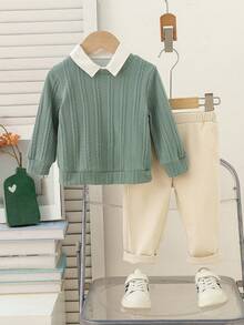 SHEIN 2pcs Baby Boy Preppy Gentleman Casual Outfit: Green Jacquard Knit Sweater, Paired With Elastic Waist Casual Pants, Suitable For Birthday Party, Commute, School, Back To School Season, Casual Wear, Spring/Autumn, Fall/Winter - Multicolor - View 3