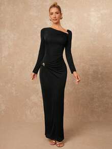 Lumalex Đầm ôm sát dài tay, vai lệch, đính kim loại, eo thon dành cho nữ - màu đen - Xem 5