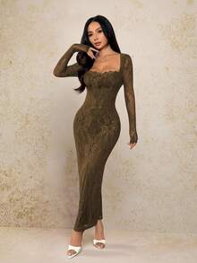 SHEIN PETITE 女式新款夏季派对约会晚会性感S型蕾丝长袖胸罩鱼骨方领紧身黑色长裙 - 綠色 - 查看 4